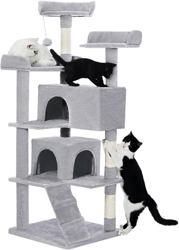 Made4Pets 56-inch Pet Cat Tree For Indoor Cats Multi-Level Cat Tree With 2 Apartments Cat Activity Center With Scratching Posts And Toys Light Gray